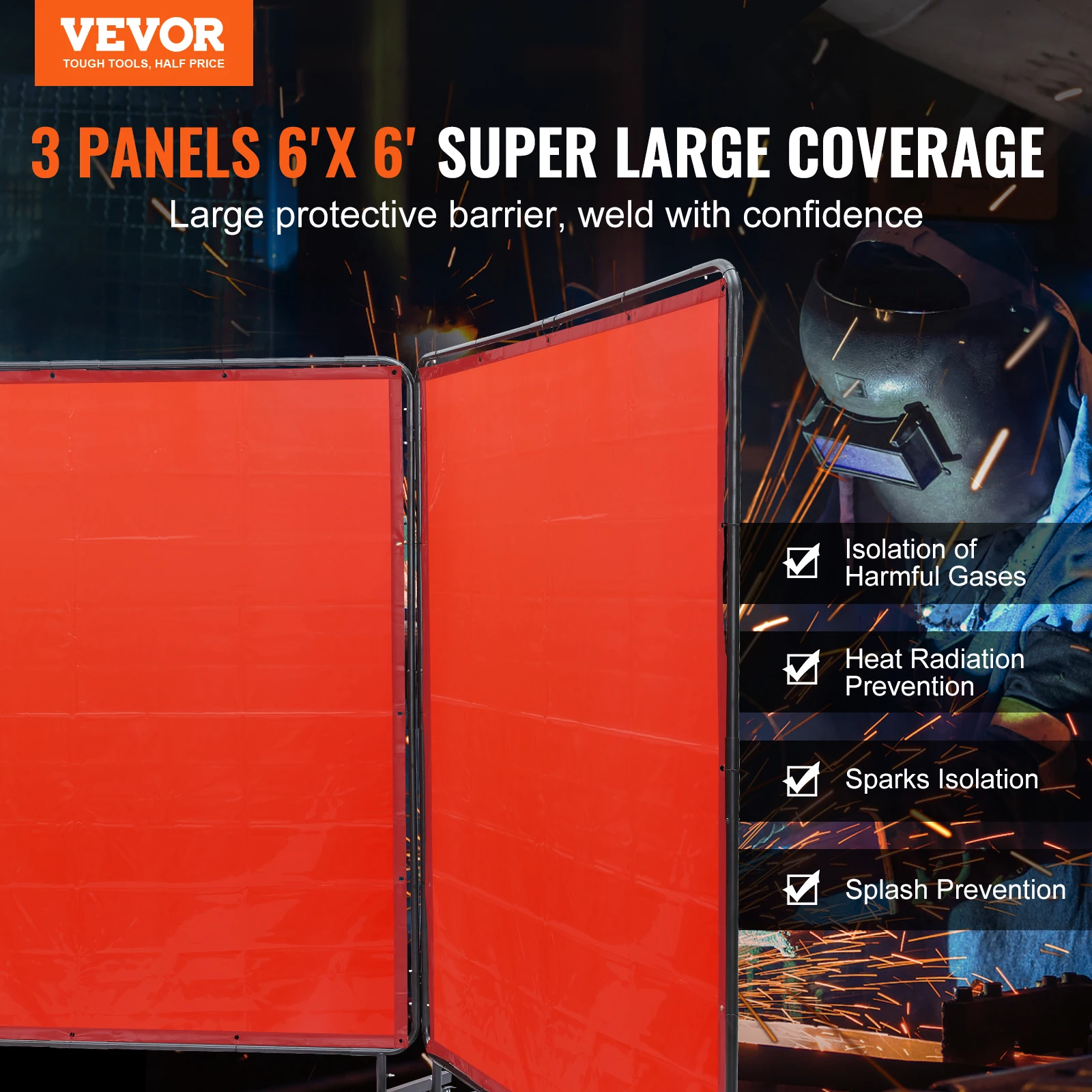 VEVOR Welding Screen with Frame 6' x 8' Flame-Resistant Vinyl 3 Panel Welding Curtain Screens 12 Swivel Wheels for Workshop