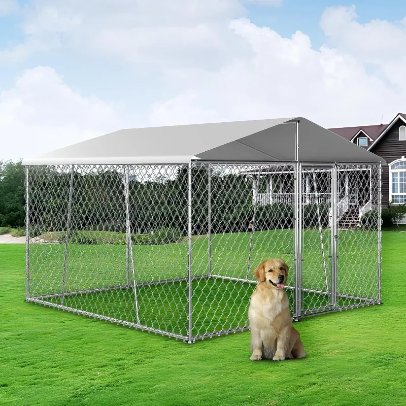Upgraded Dog Kennel Outdoor with Roof, Large Dog House Pen Enclosure with Sidebar, Heavy Duty Chain Link Dog Kennel