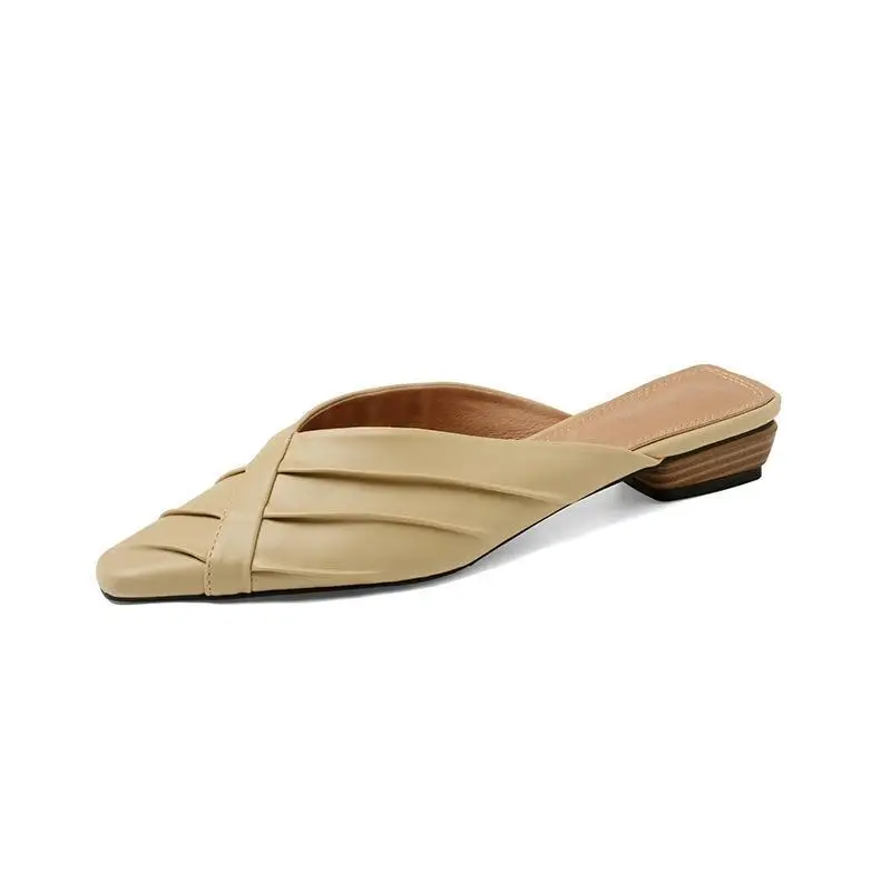 2024 Spring/Summer Low Heel Square Head Genuine Leather External Wearing Slippers, Baotou Sandals, Women's Muller Shoes