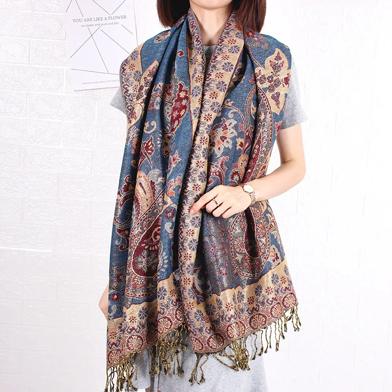 Paisley Jacquard Pashmina Scarf with Floral Border and Tassels