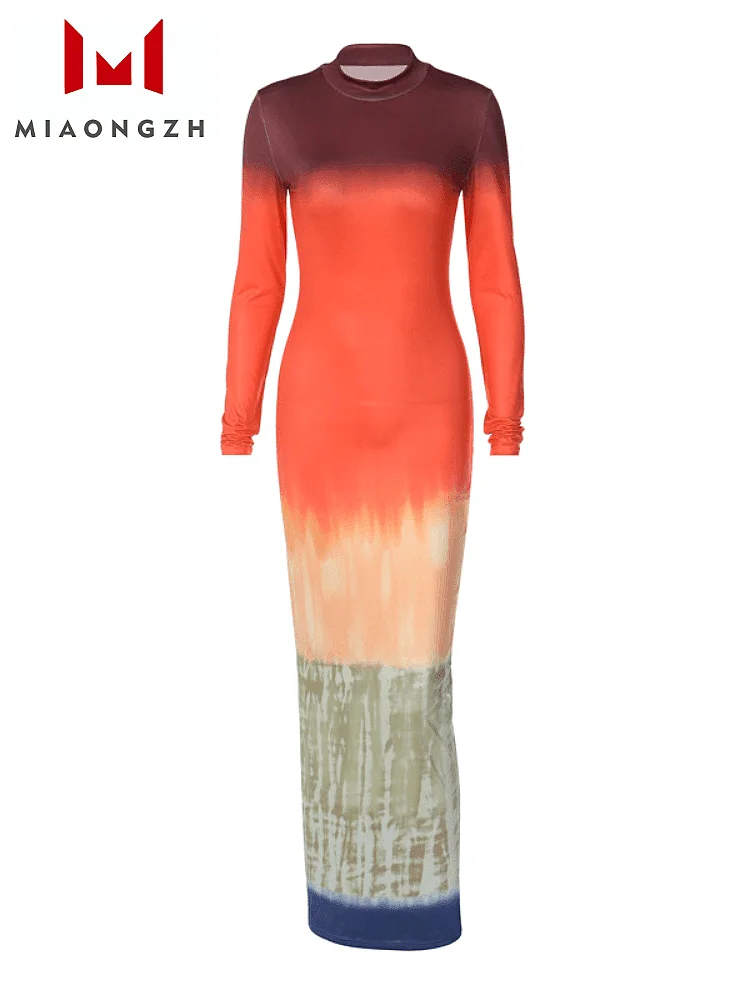 

Fashion Colorblock Printing Bodycon Dress For Women O Neck Patchwork Long Sleeve Autumn New In Dresses Female Clothes Robe 2023