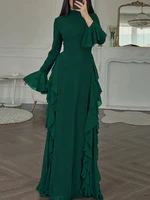 2025 European and American Women's Elegant Casual High-Waisted Solid-Colour Bell-Sleeve Dress Long Dress with Long Sleeves - Image 5