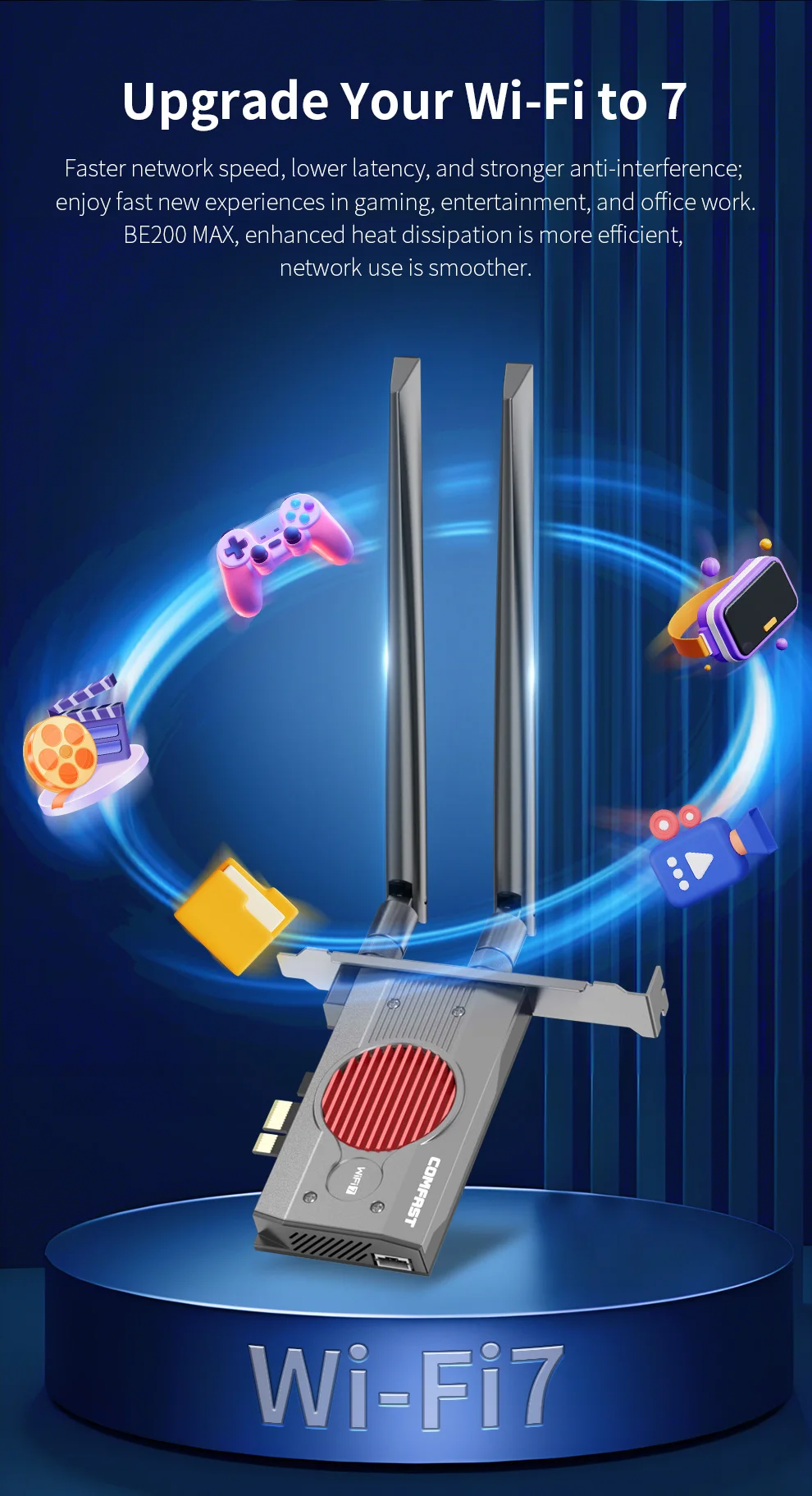 Comfast 무선 네트워크 카드, 와이파이 어댑터, 블루투스 5.4, 트라이 밴드, 2.4G, 5G, 6GHz, 8774Mbps, 와이파이 7, 인텔 BE200, PCI-E