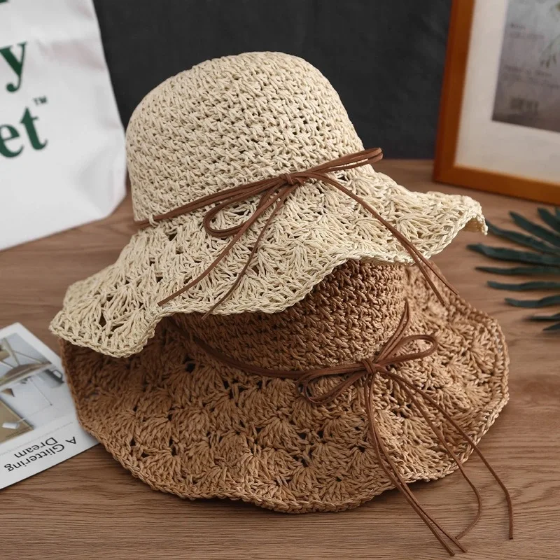 

Fashion Hollow Knitted Hat Women Luxury Casual Bowknot Rope Decoration Elegant Sun Protection Beach Outdoor Style Beach Hats