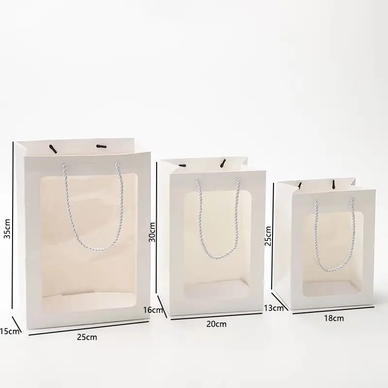 5er-Set Transparente Geschenktüten 35x25x15cm Tragetasche mit Griffen Rosa Weiß Geschenkpapiertüte Tragbare Geburtstagstüte für Kleinigkeiten
