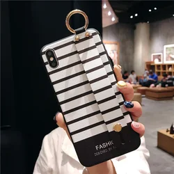 Black and White Stripes Wrist Strap Phone Holder with Soft TPU Cover - iPhone 14 Pro Max (358)