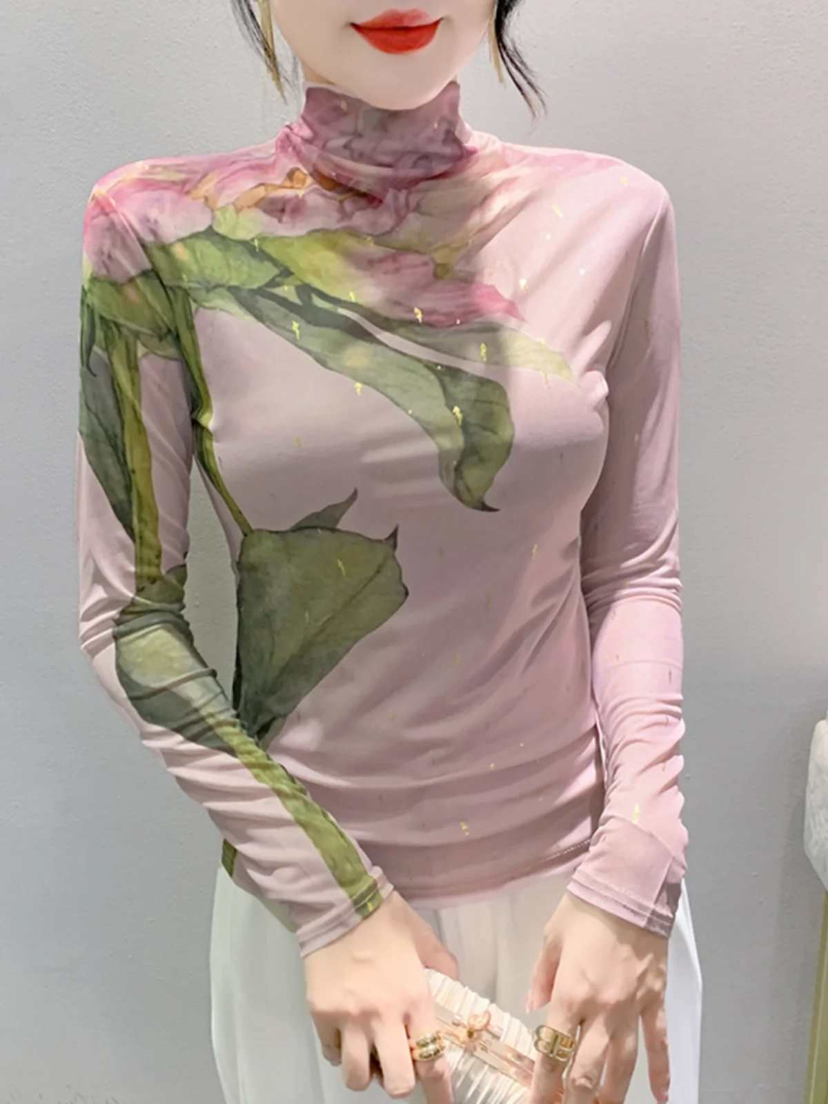 S-4XL 가을 패션 브론징 티셔츠, 큰 꽃 프린트, 슬림 티셔츠, 여성 하이 스트레치 탑, HF8730