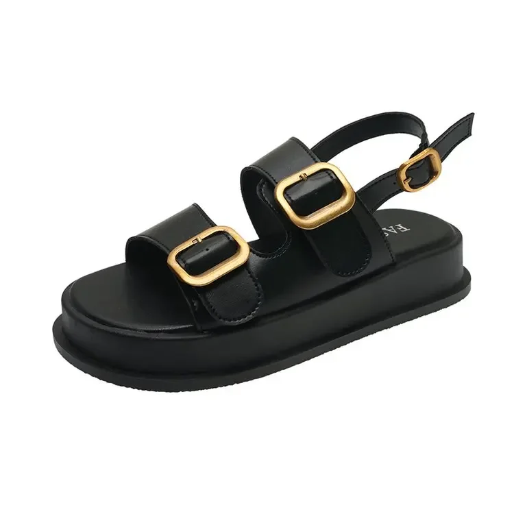 Sandals Women Pin Buckle Platform Shoes Slingback Metal Buckle Thick Bottom Ladies Flat Bottom One Sandals Platform
