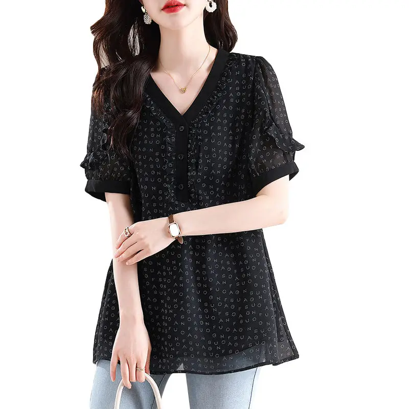 Summer New V-neck High Street Short Sleeve Blouse Women High Street Casual Loose Pullovers Printing Ruffles Patchwork Chic Tops