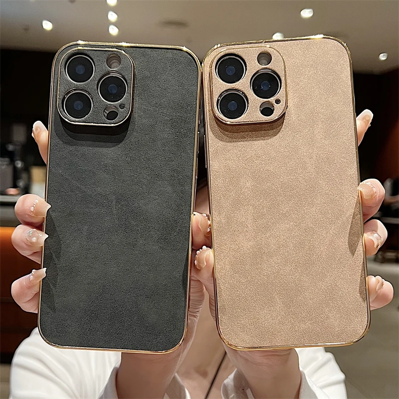 Luxury Sheepskin Leather Texture Phone Case with Electroplated Frame - Shockproof Design