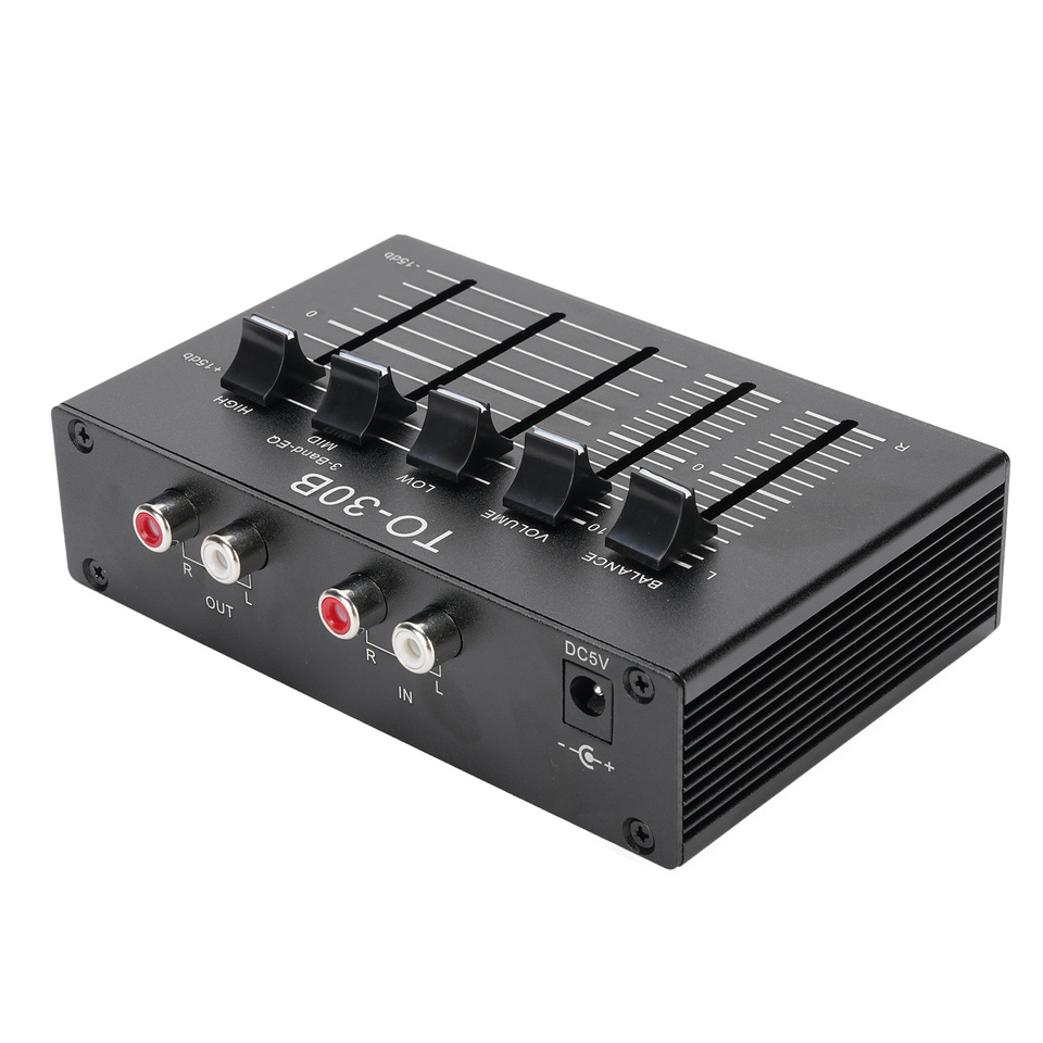 0.5W Phono Preamp 2 Channel Digital Sound Equalizer 3 Band 12dB High Mid Low Tone Adjustment Balanced Volume Control 5V DC