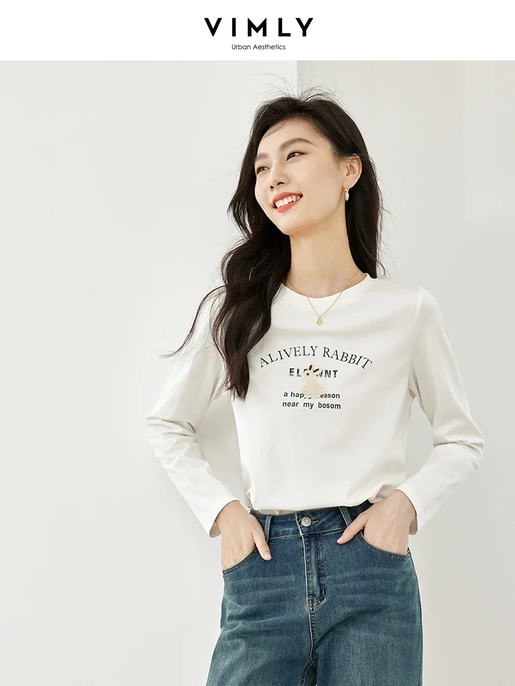 

Vimly White Round Neck Long Sleeve T-shirt Women 2023 Fall Fashion New Rabbit Printed Cotton Tops Tshirts Woman Female Tee M2508