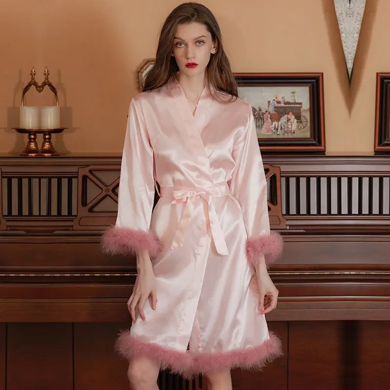 Spring New Feather Morning Gowns Bridesmaid Wedding French Style High Sense Ice Silk Robe Women's Large Size Thin V-neck Pajamas