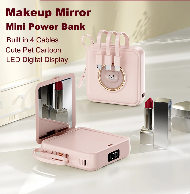 Mini Power Bank 20000mAh Caricabatterie portatile con specchietto per il trucco a forma di cartone animato Powerbank per iPhone Samsung Huawei Xiaomi Batteria esterna_voghion.com