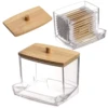 1Pcs Cotton Swab Holder, Cotton Swab Dispenser with Bamboo Lids,Bamboo Bathroom Storage Jars Storage Containers Clear Plastic 1