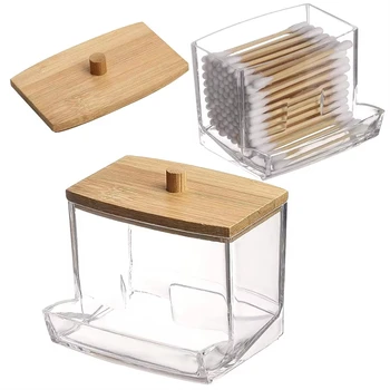 Porte-coton-tige 1 pièces, distributeur de coton-tige avec couvercles en bambou, pots de rangement pour salle de bain en bambou, conteneurs de stockage en plastique transparent 1