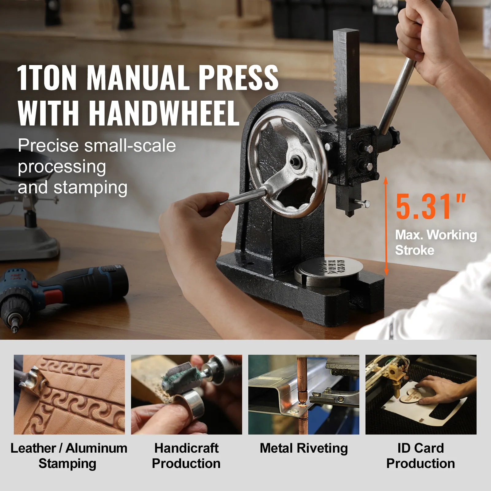 SucceBuy Heavy Duty Arbor Press 1 Ton Ratchet Leverage Arbor Press with Handwheel Manual Desktop Metal for Riveting
