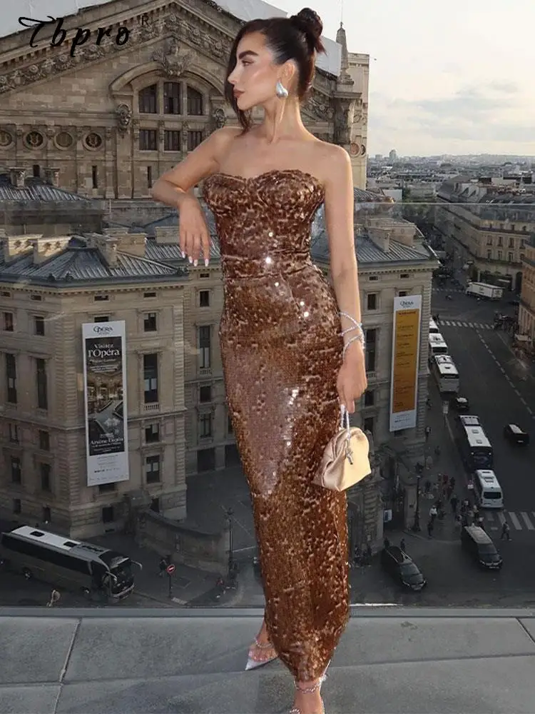 

Sequined Strapless Sexy Off Shoulder Maxi Dress Women Sequins Solid Sleeveless Backless Long Dresses Lady Club Party Vestidos