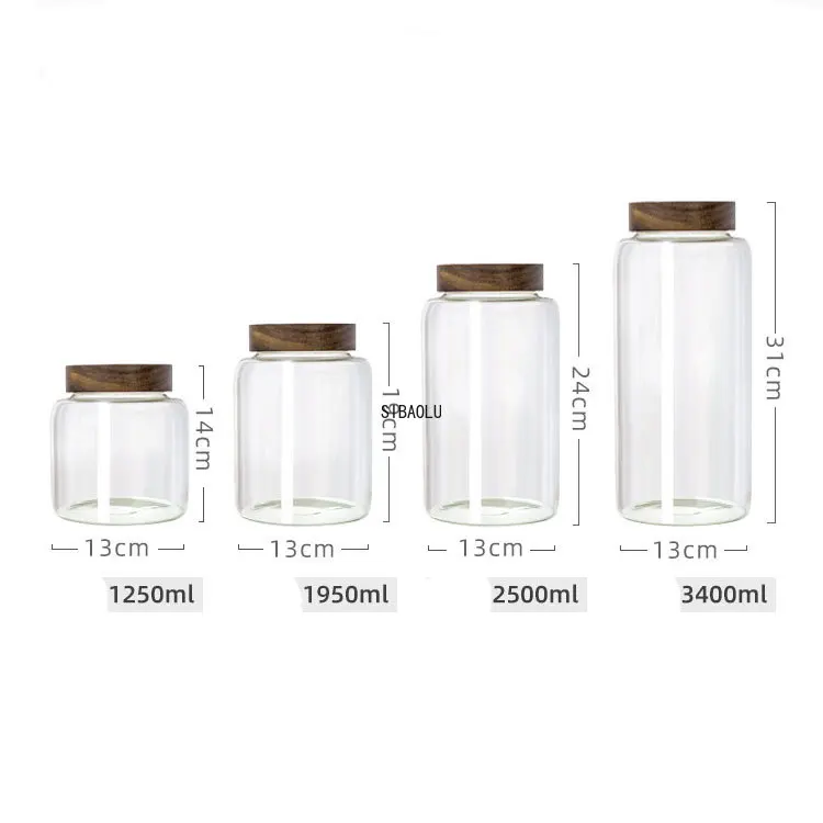 1250-3400ml Extra-Large Glass Sealed Jars Wood Lid Storage Organizers  Bottles Kitchen Grain Coffee Bean Boxes Accessories