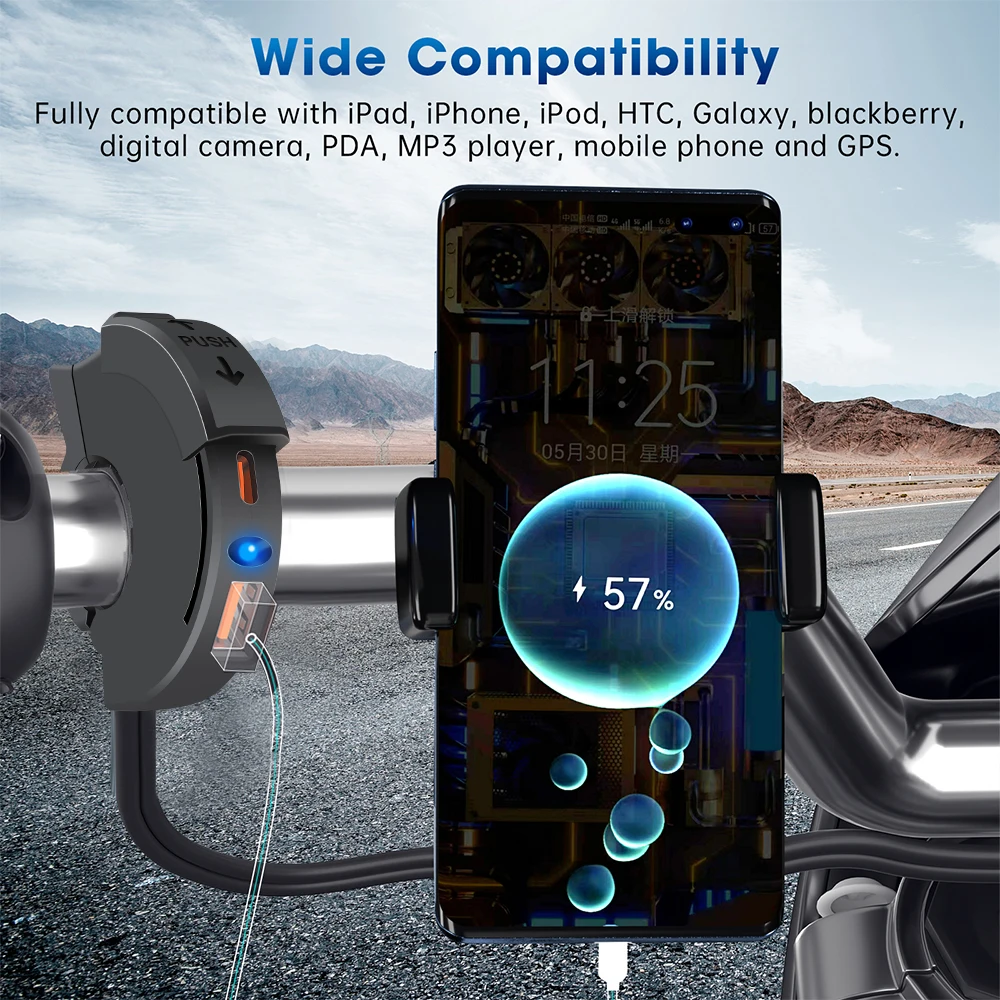 Motorcycle Charger USB TYPE-C PD QC3.0 Handlebar Fast Charging 12/24V Waterproof Handlebar Mounting Bracket Camera Phone Charger