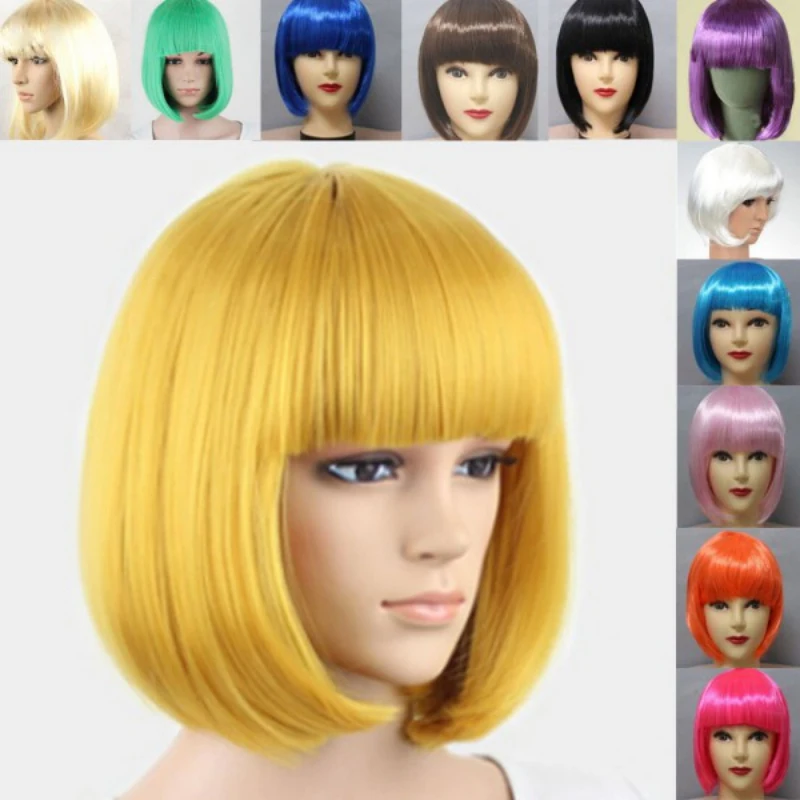 Synthetic Wigs Short Straight Synthetic Wigs Ombre Blonde Brown Bob Wig with Bangs for Black Women Afro Cosplay Party Daily Hair Heat Resistant