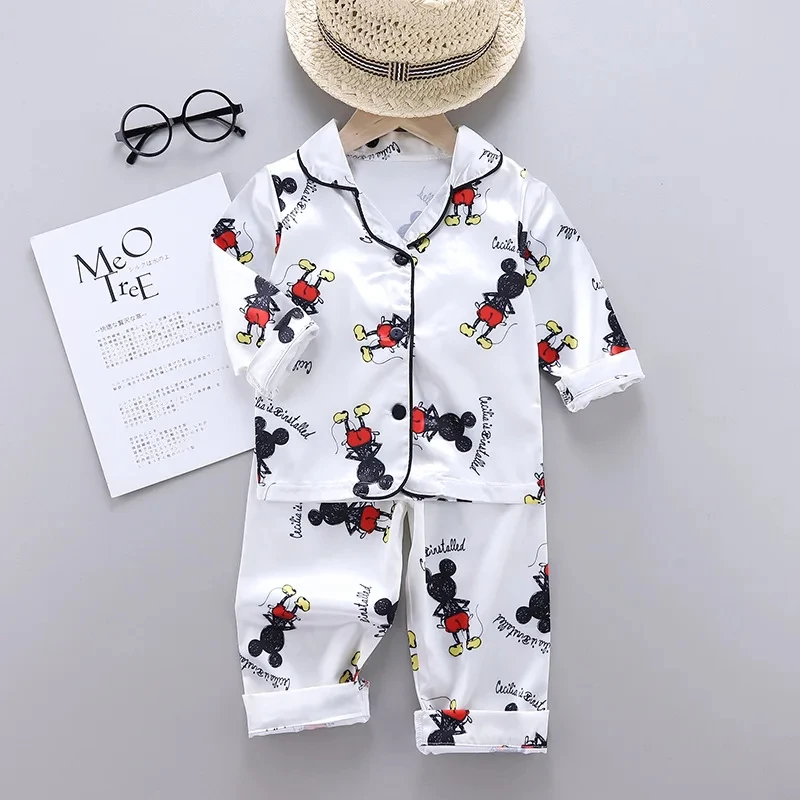 Kids Pajamas Set Disney Mickey Mouse 2Pcs Silk Satin Long Sleeve Top Trousers Baby Boys Girls Cartoon