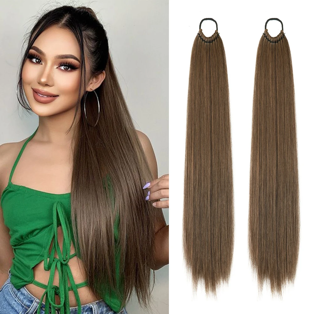 

Synthetic Ponytail Extensions Wrap Around Ponytail With Rubber Band Hair Ring DIY 24 Inch Ombre Black Brown Grey Boxing Braids