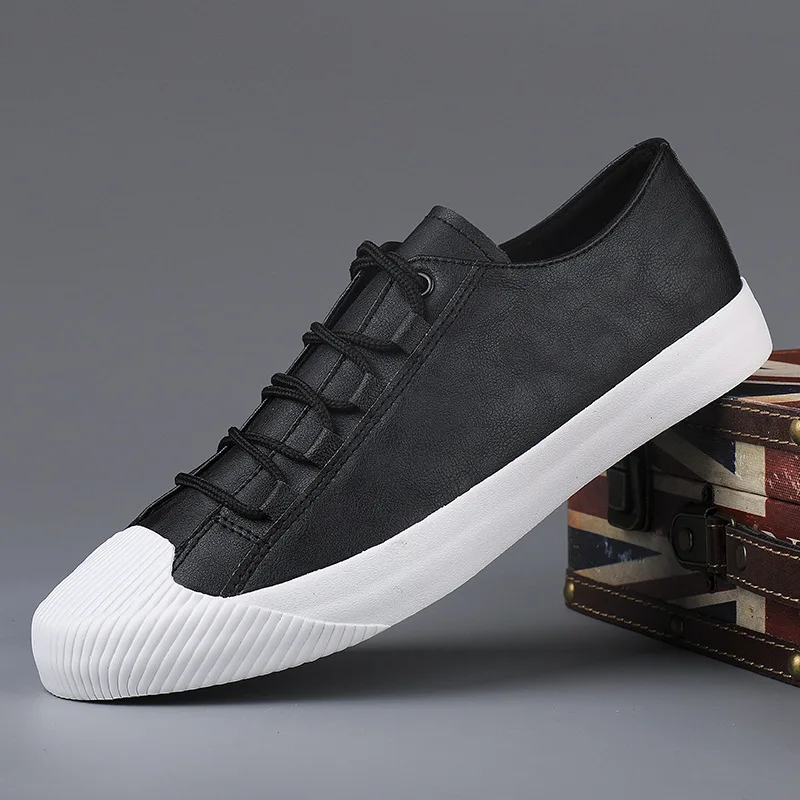 Luxury Low Top Men Vulcanize Shoes 2023 Autumn New Leather Casual Shoes Korean Breathable Black Lace-up Sneaker Shoes