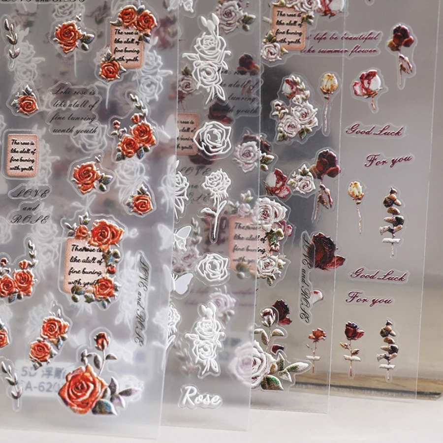 

5D Embossed New Three-dimensional White Rose Retro Rose English Letter Sticker White Butterfly Dry Rose Nail Art Sticker
