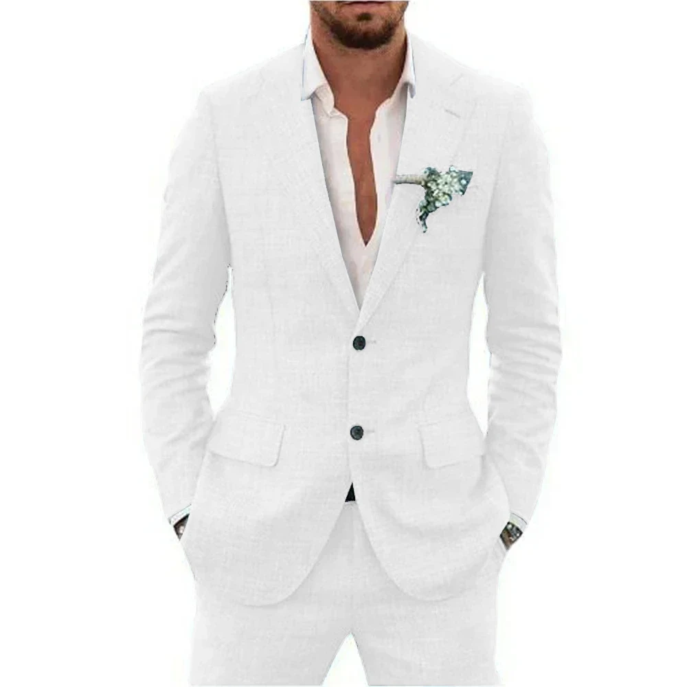 Stylish Notched Lapel Linen Suit For Beach Men Wedding - 2 Piece