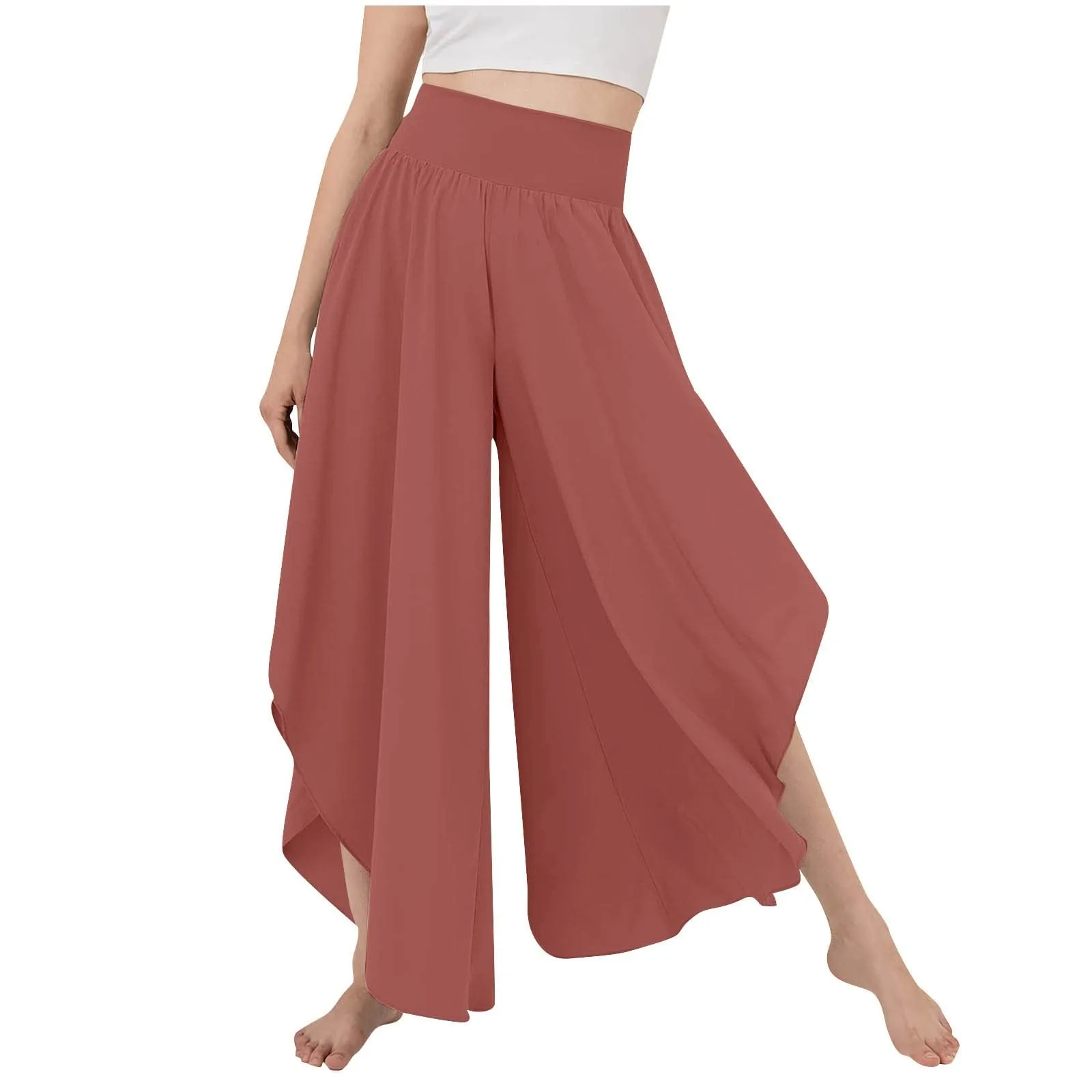 Women's Flowy Large Size Palazzo Pants Irregular Hem High Waist Casual Cropped Pants Summer Lightweight Elastic Beach Pants