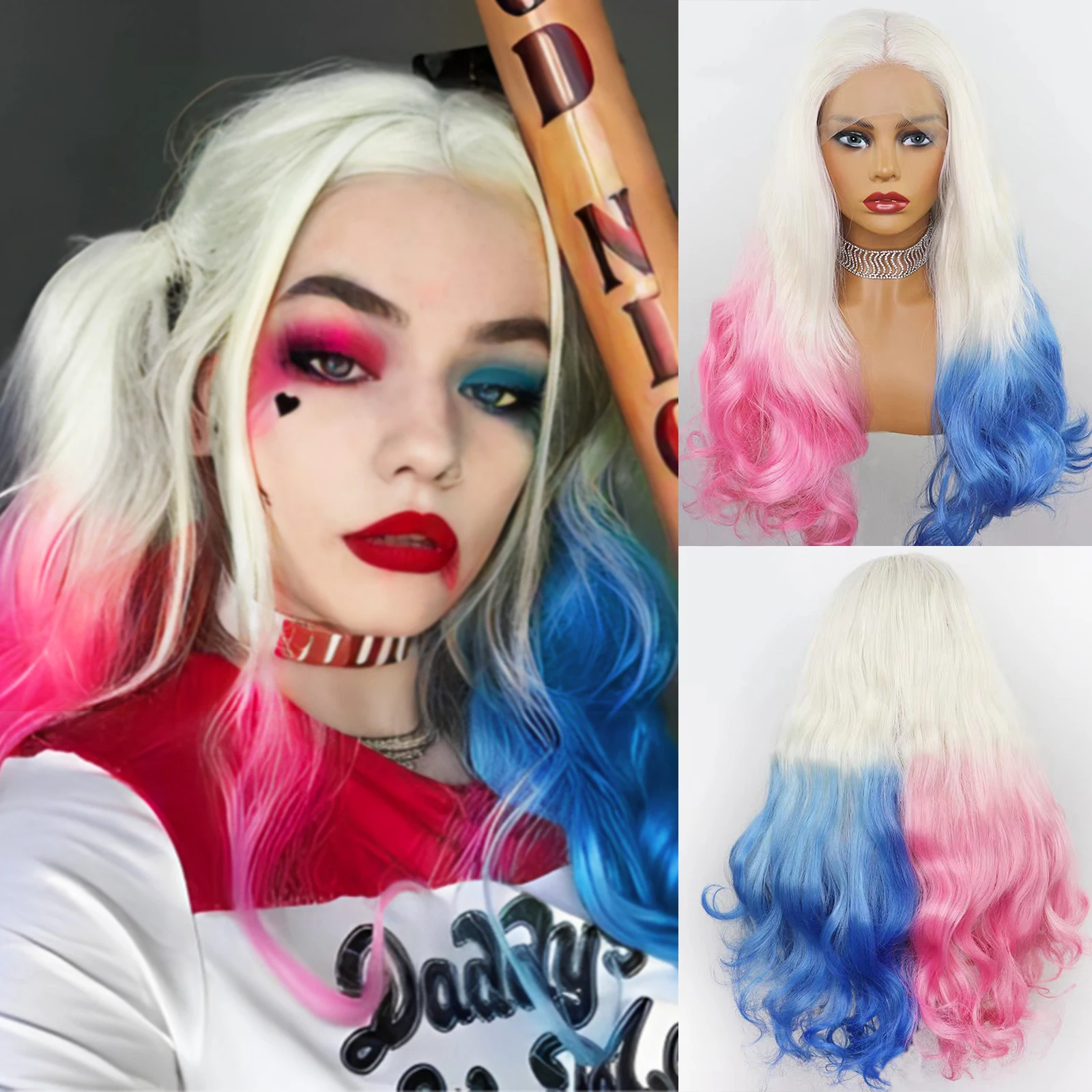 

RONGDUOYI Cosplay Pink Blue Ombre Synthetic Hair Lace Front Wigs Body Wave Heat Resistant Lace Frontal Wig for Women Costume Use