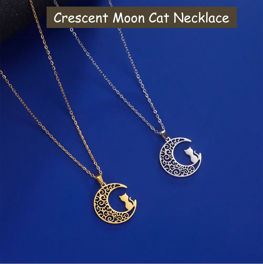 Cazador Halbmond-Katze-Anhänger-Halsketten für Frauen, Tier-Kätzchen, filigrane Halskette, 2026, Edelstahl, Schmuck, Geschenk-Trend – Detail 4