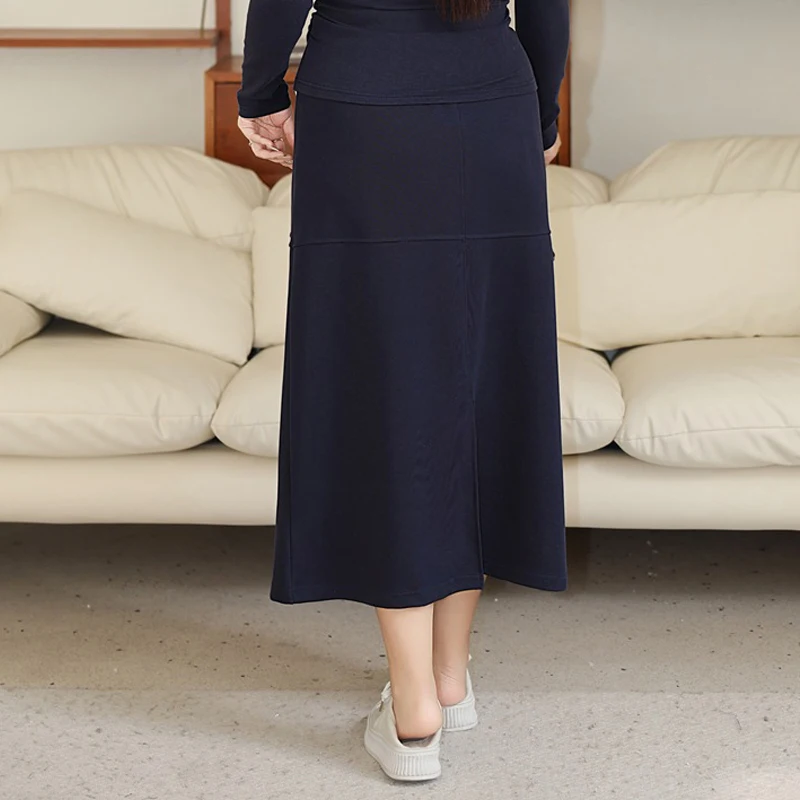 Plus Size Skirt 2025 Autumn Fashion Preppy Style High Waist A-line mid-length Navy Blue Casual Premium Women's Bottoms
