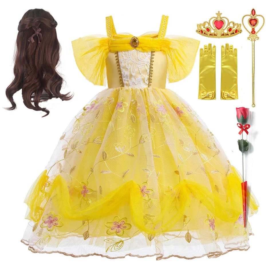 Disfraz De Princesa Bella Para Niña – Vestido De Mangas Cortas Con Corona, Ideal Para Cosplay, Fiestas De Cumpleaños, Halloween Y Navidad, Tela Suave Y Transpirable