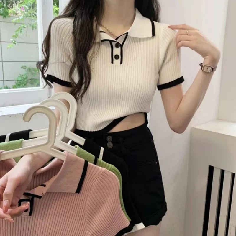 เสื้อแขนสั้นทรงรัดรูป คอโปโล สีตัดกัน ฤดูร้อน