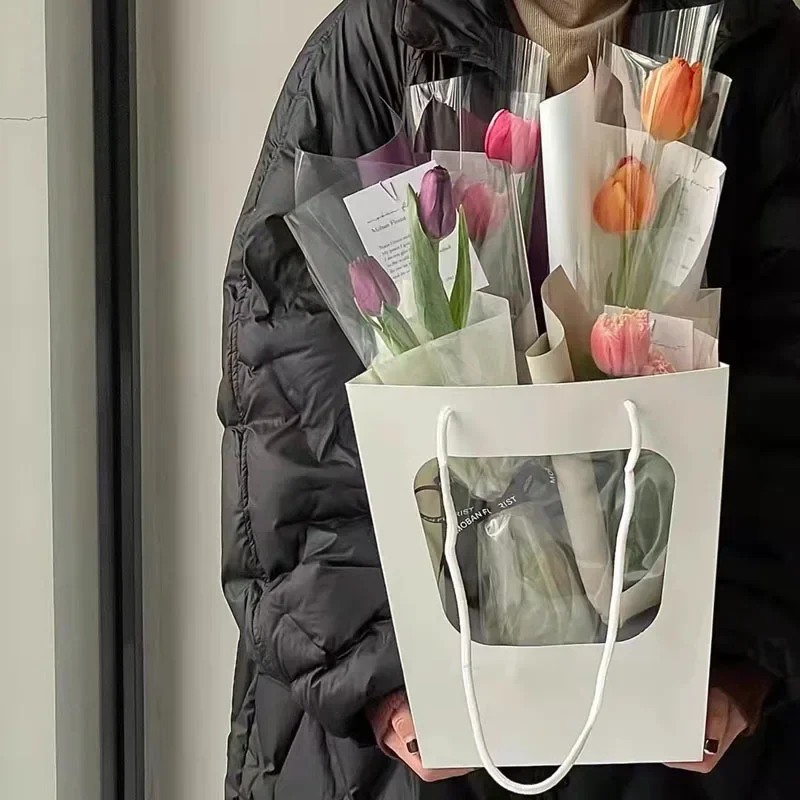 Trapezoidal Windowed Tote Bag Doll Bouquet Packaging Gift Paper Bag Flower Potted Plant Paper Transparent Flower Tote