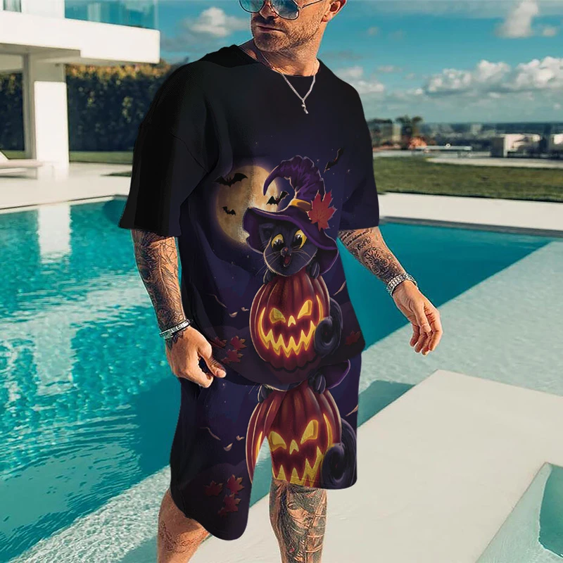 Fashion Men's Round Neck T-shirt Set Halloween Pumpkin Lantern 3D Print T-shirt Shorts Set Unisex Casual Sports Short Sleeve Set