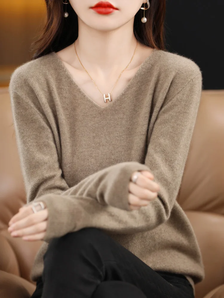

New Style Spring Autumn Knitted Sweater Basic Clothing V-Neck 100% Cashmere Merino Wool High Quality Pullover Knitwear