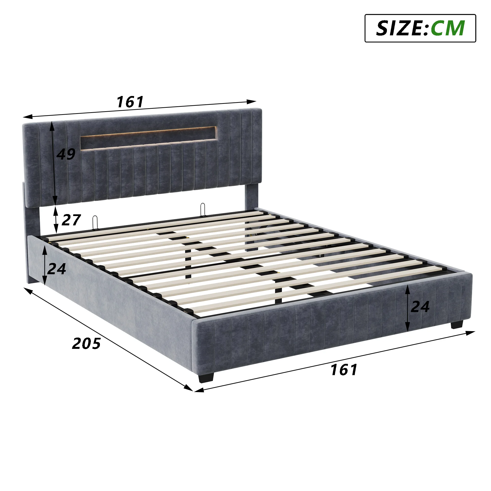 Comanlai Bett mit Stauraum und LED-Beleuchtung, grau, Samtbezug, Doppelbettgestell 160x200 140x200 cm – Detail 2