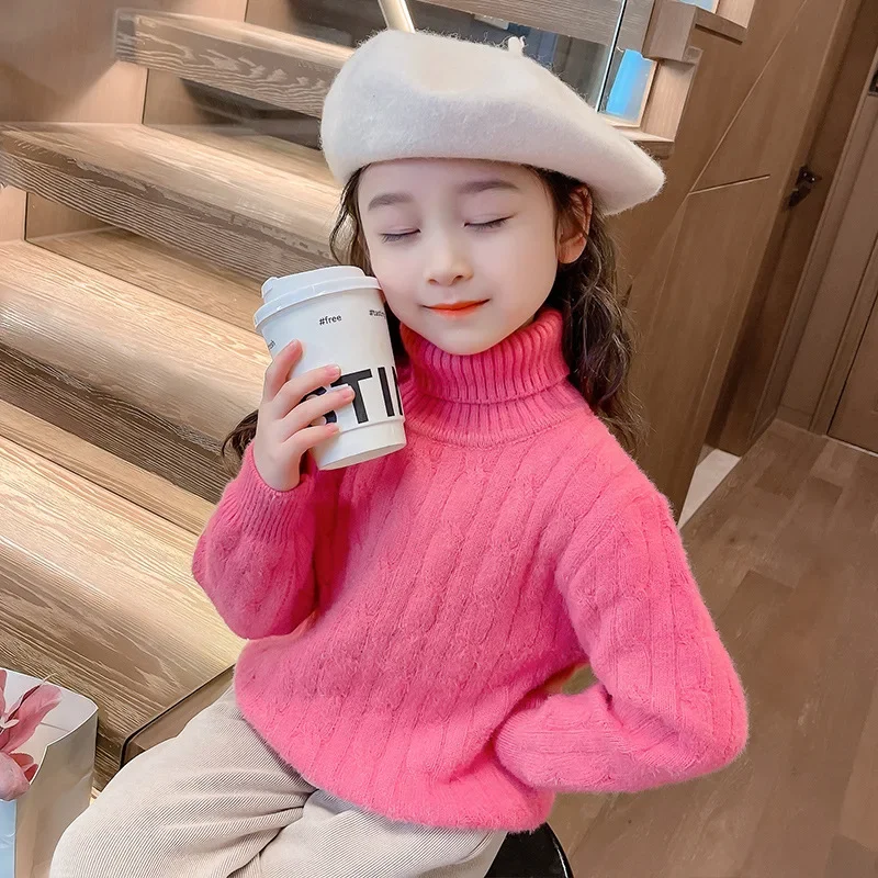 

Girls Sweater Turtleneck Bright Silk Sweater Winter 2023 New Baby Korean Style Foreign Style Base Coat Children Clothing Top