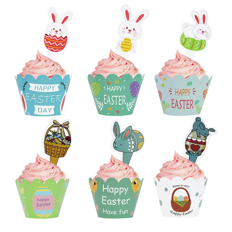 

12/24Pcs Easter Cute Bunny Cupcake Wrapper Paper Cake Topper Happy Easter Baking Cake Decoration Birthday Party Baking Supplies