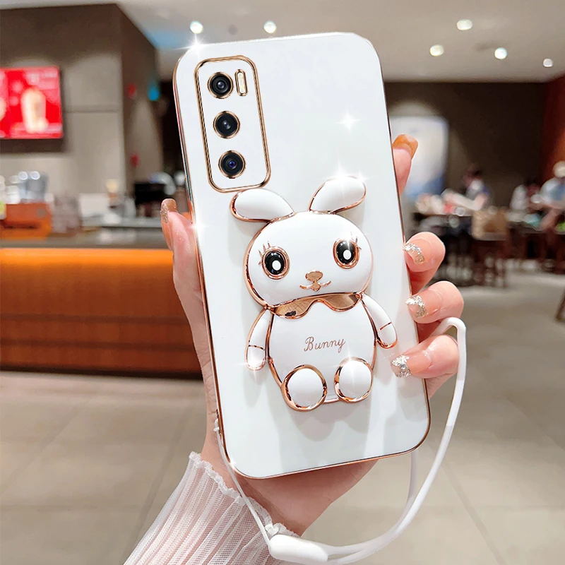 

Cute Cartoon Rabbit Fold Stand For VIVO V20 SE Phone Case With Lanyard Luxury Plating Cover