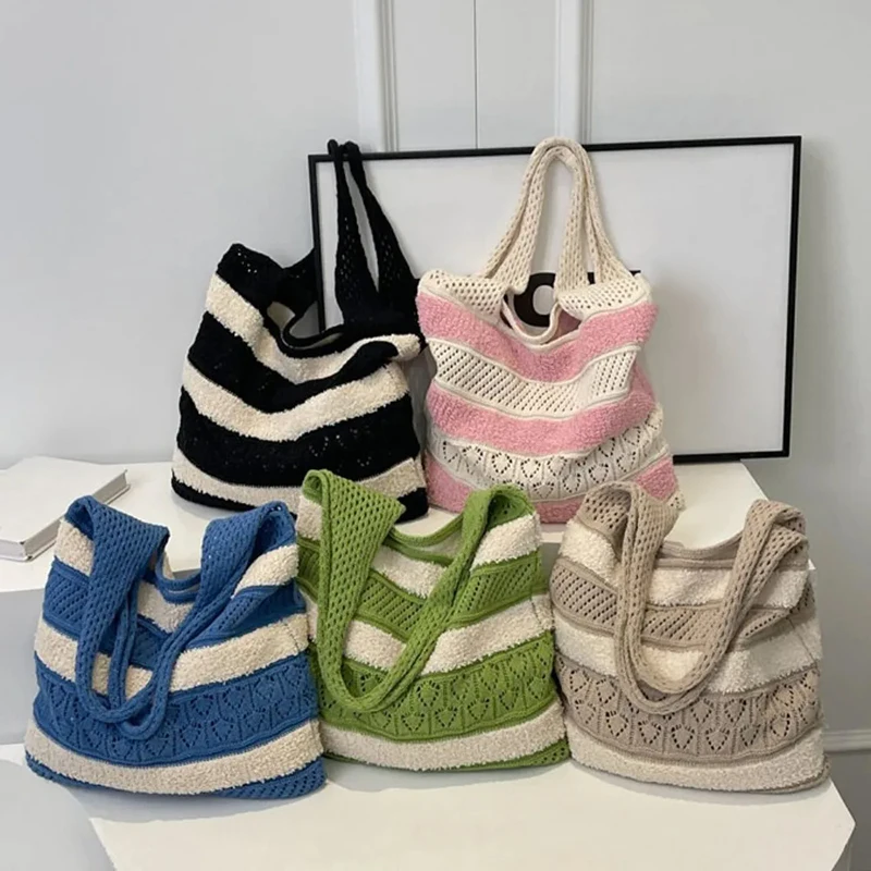 Fashion Vintage Colour Blocking Striped Knitted Hollow Tote Bag Large Capacity Shopping Shoulder Bag Handbag for Women