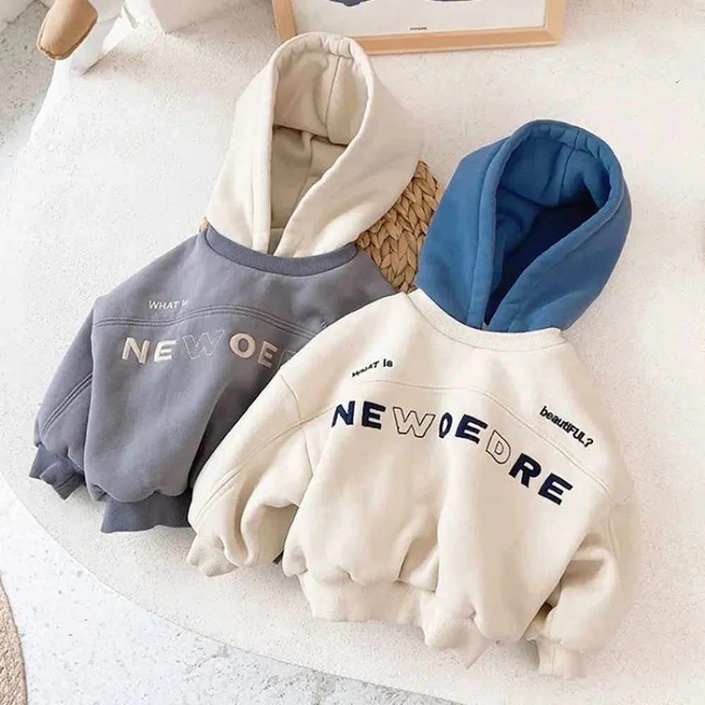

Korean Patchwork Fleece Thermal Kids Hoodies Fashion New Fall Winter Children's Embroidered Pullover Girls Boys Padded Clothes