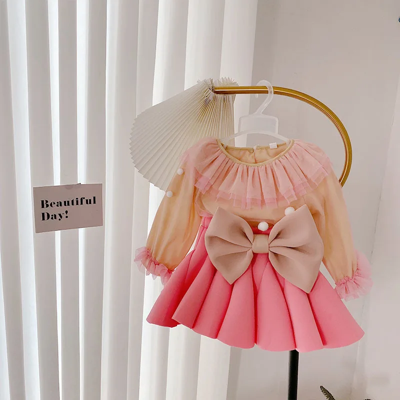 

Sweet Girls Princess Clothes Set Baby Kids Children Autumn Long Sleeve Ruffle Mesh T-shirt Tops+Bow Pleated Skirt Suit