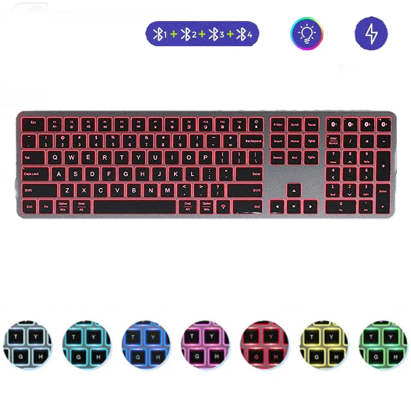 Quattro Tastiera Bluetooth Ricaricabile Full-Size Tastiera Retroilluminata Multi Dispositivo Per Ipad, Iphone, Mac, Ios, Android, Windows