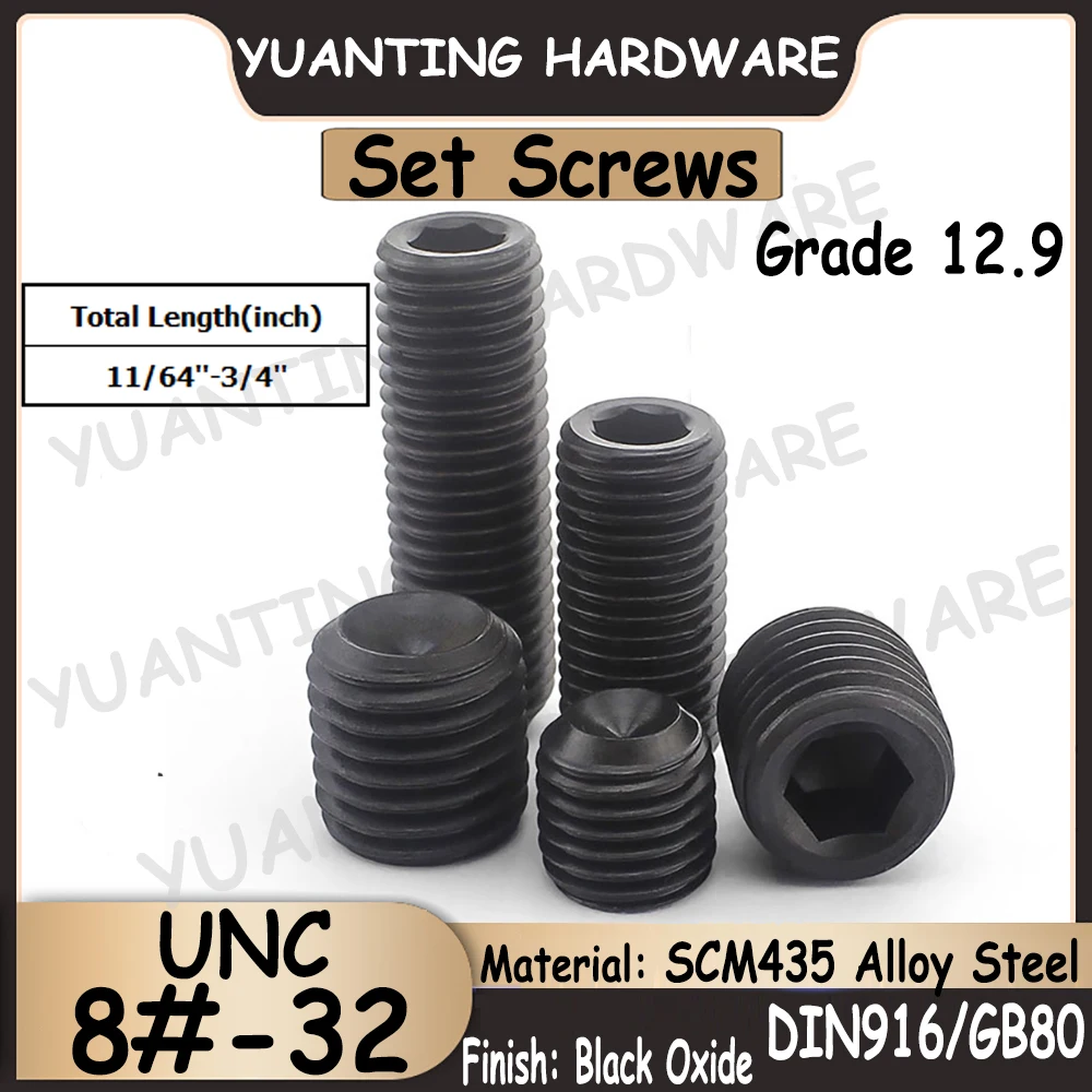 

20Pcs 8#-32 UNC Thread DIN916 Grade 12.9 Alloy Steel Hexagon Socket Set Screws with Cup Point Headless Screws Grub Screws