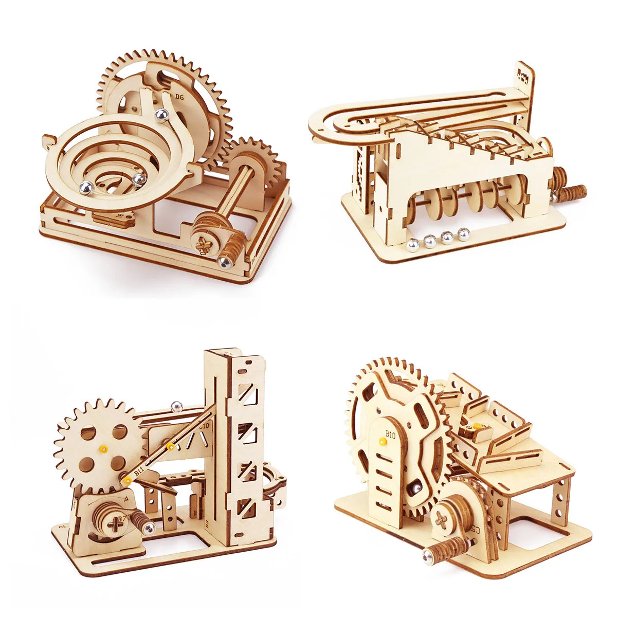 

4 Kinds 3d Wood Marble Run Puzzles Kits Child Assembling Buiding Constructor Blocks DIY Mechanical Iron Ball Track Models Bricks