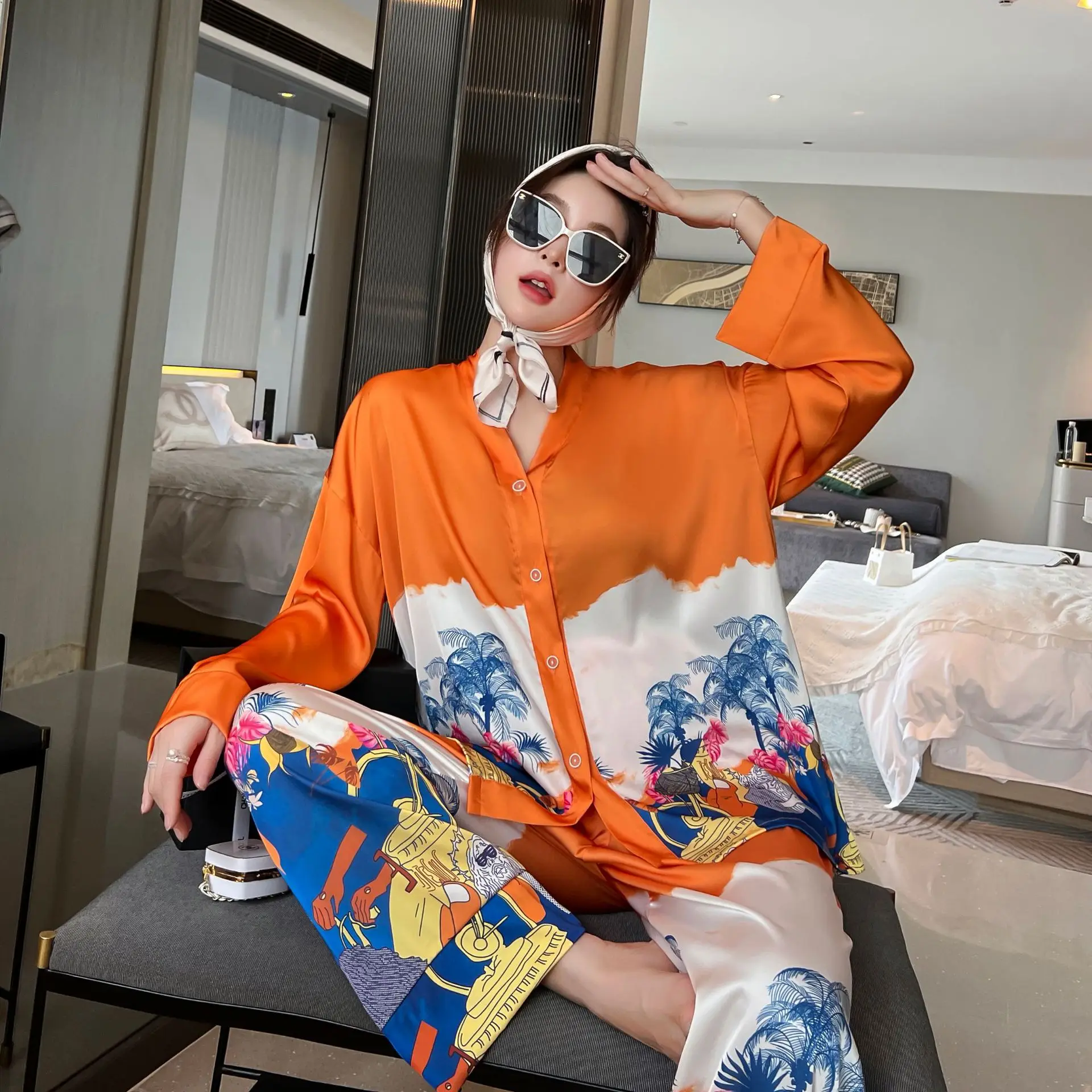 Women Pajamas Set Luxury Style Painting Print Satin Silky V Neck Nightie Home Suit